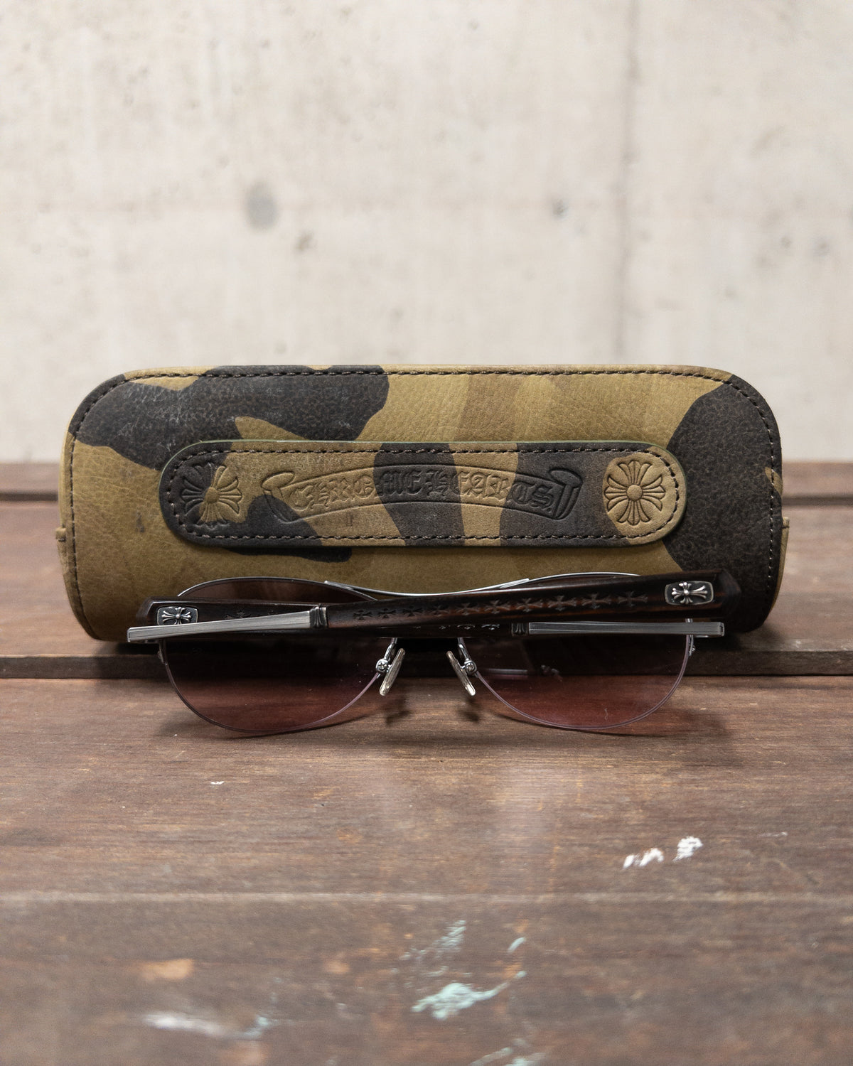 Chrome Hearts Wine Lens Aviator Sunglasses with Antique Silver and Wood Temples - Camo Carry Case