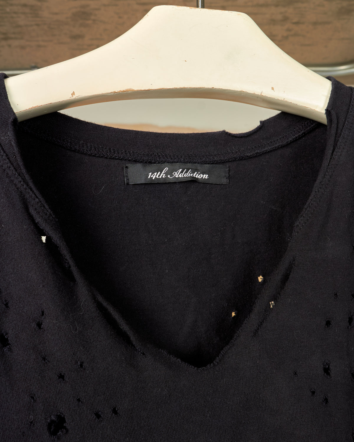 14TH ADDICTION DISTRESSED & PIERCED BLACK TEE