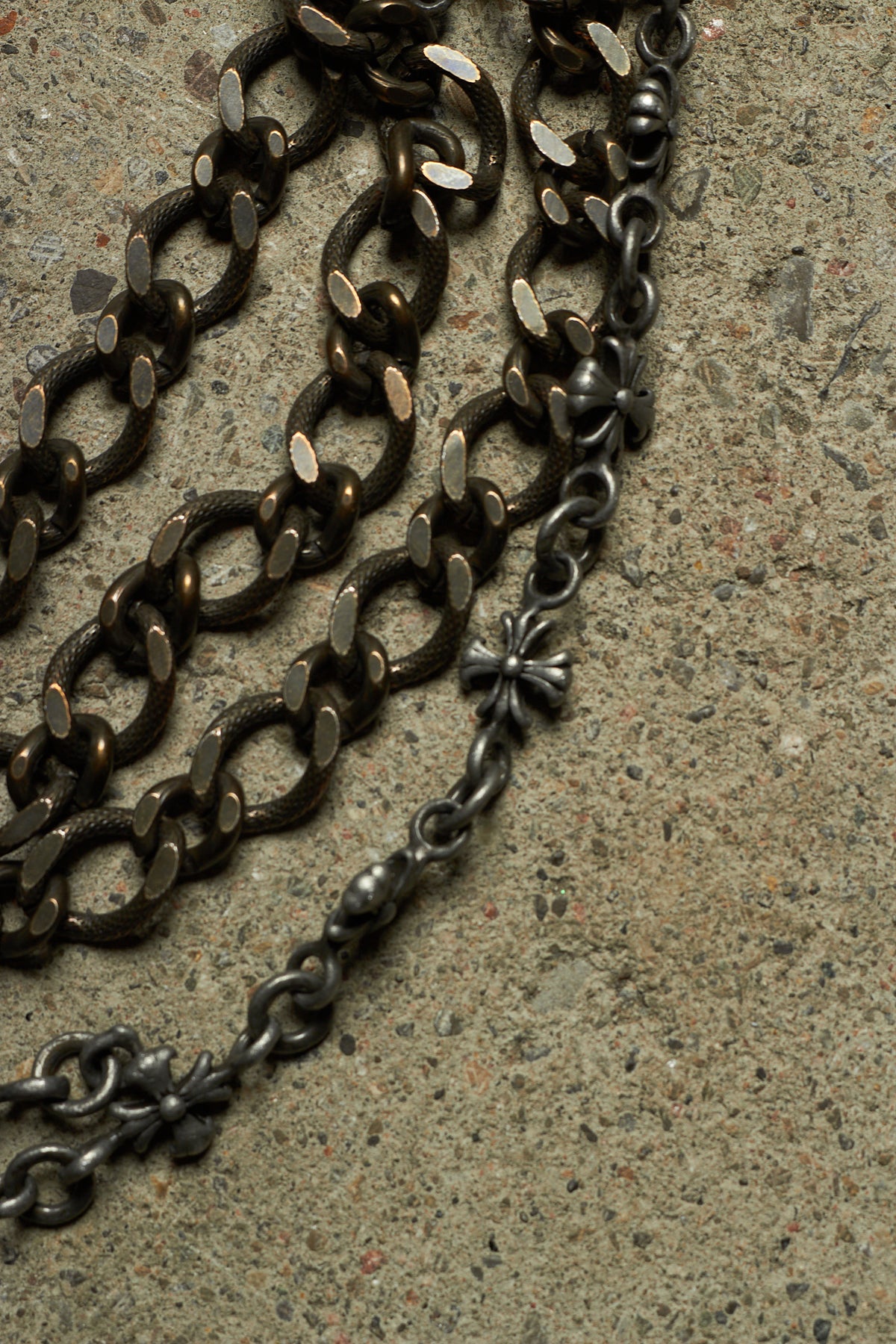 TRIPLE STACKED CROSS ENGRAVED BRONZE & SILVER PANT CHAIN