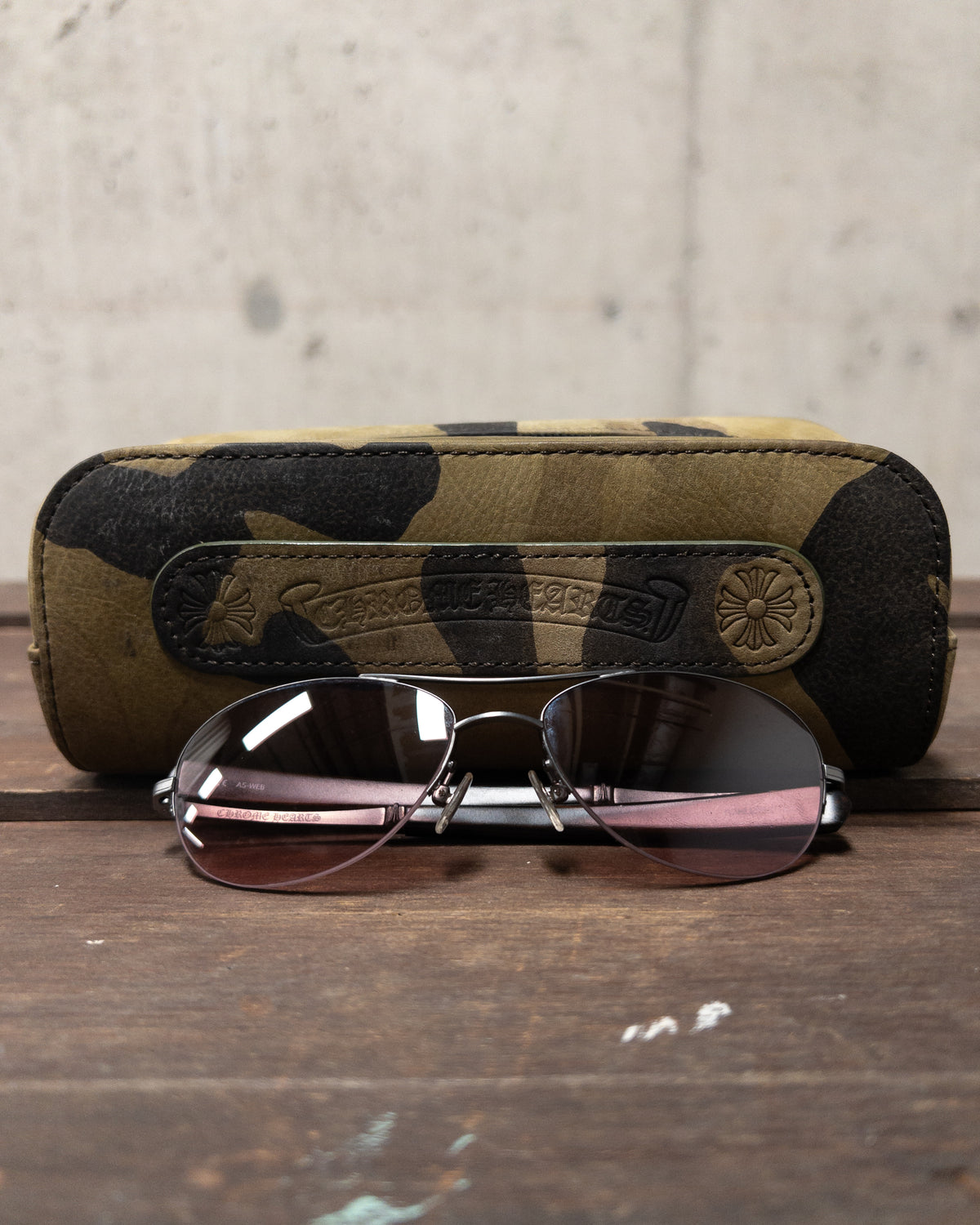 Chrome Hearts Wine Lens Aviator Sunglasses with Antique Silver and Wood Temples - Camo Carry Case