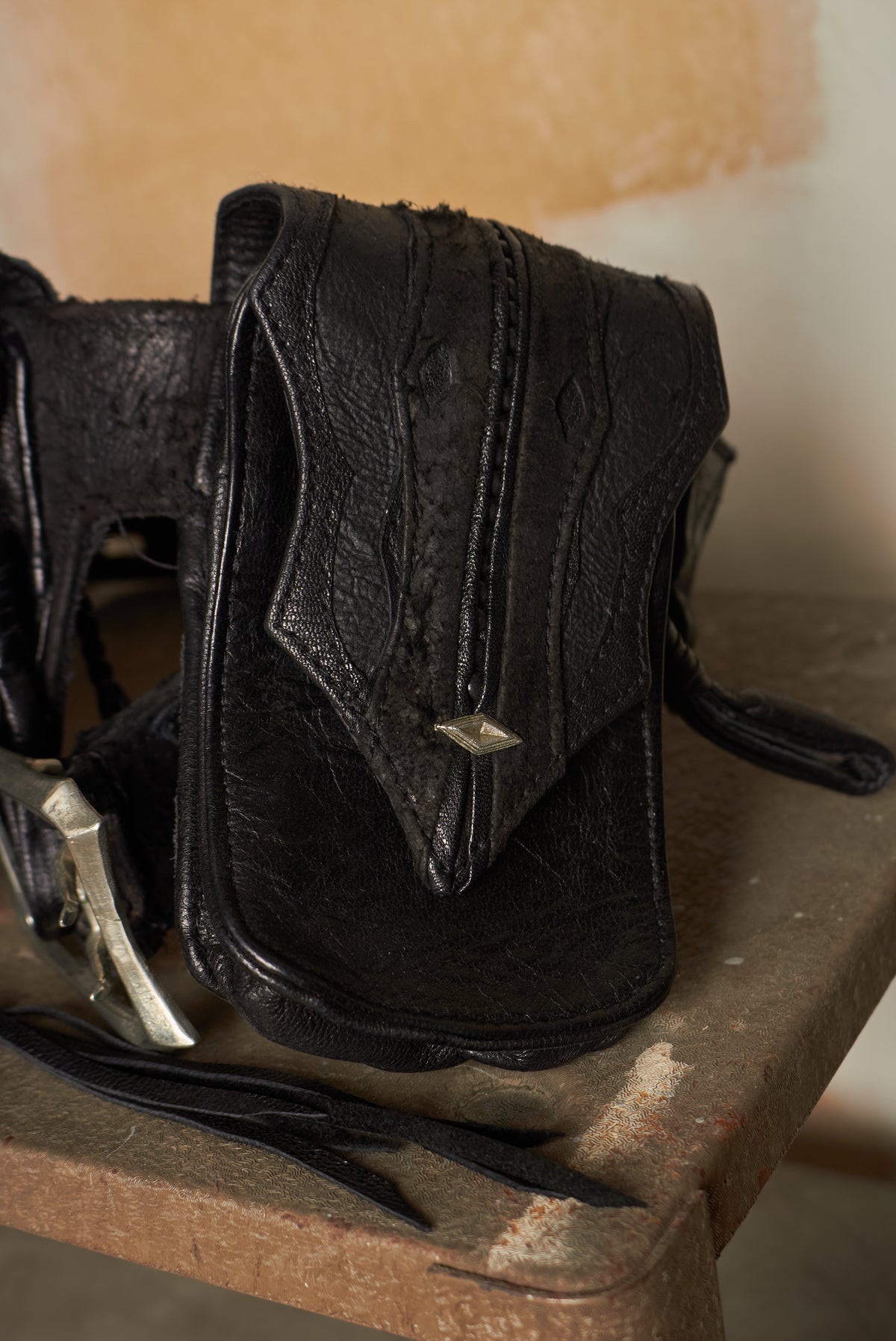 KMRII [1101-BG01 KB-SCORPION] GOAT & COW LEATHER STUDDED TASSLE & STITCHED WAIST BELT BAG