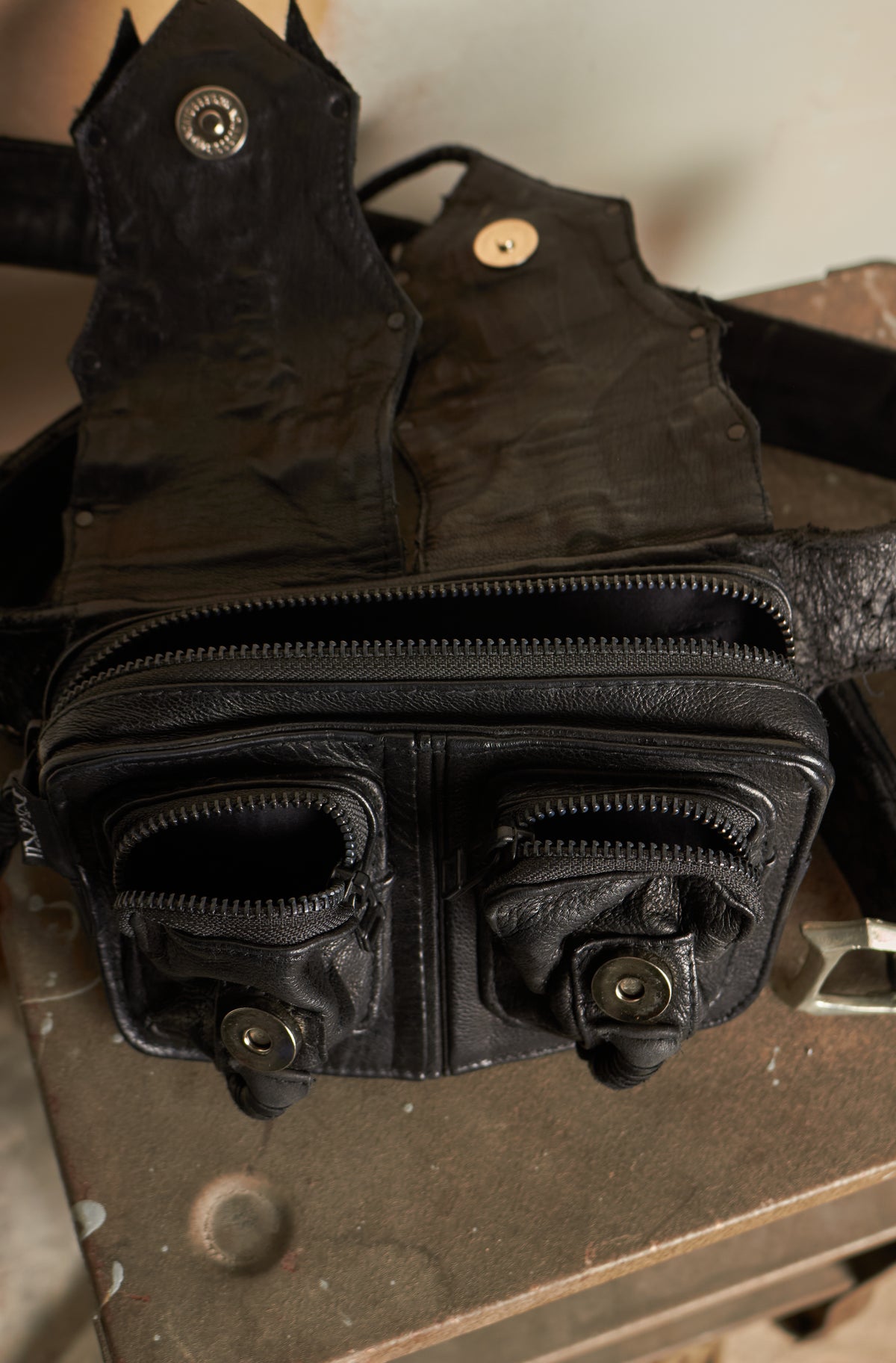 KMRII [1101-BG01 KB-SCORPION] GOAT & COW LEATHER STUDDED TASSLE & STITCHED WAIST BELT BAG