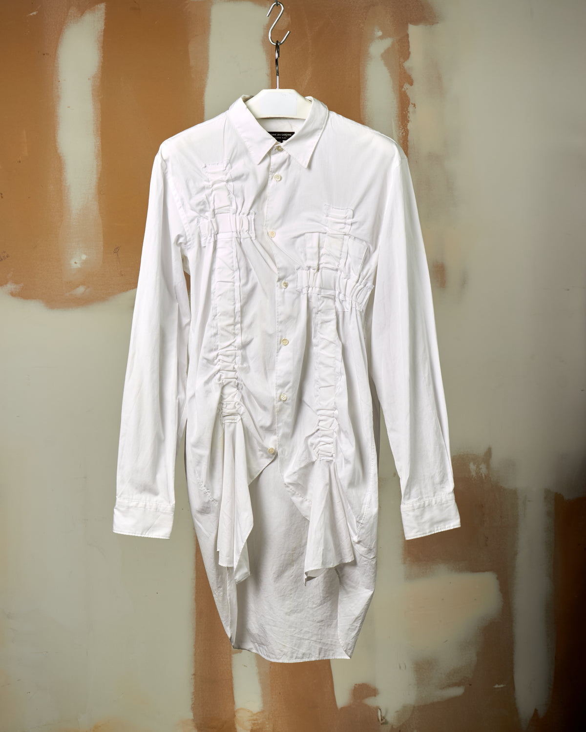COMME DES GARÇONS HOMME PLUS RUCHED ASYMMETRICAL WHITE DRESS SHIRT