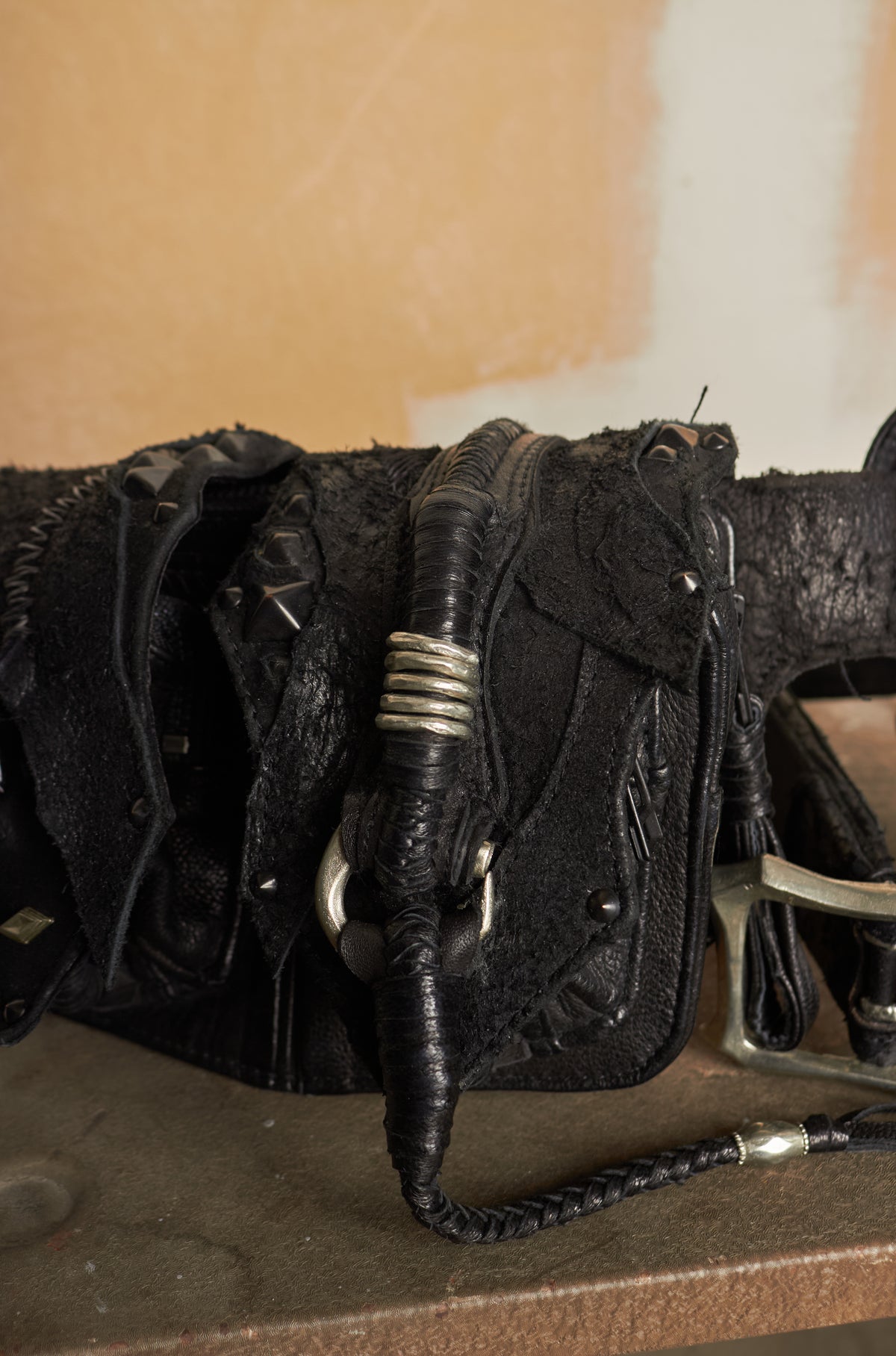 KMRII [1101-BG01 KB-SCORPION] GOAT & COW LEATHER STUDDED TASSLE & STITCHED WAIST BELT BAG