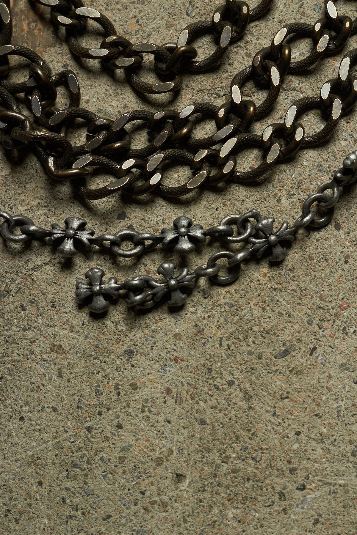 TRIPLE STACKED CROSS ENGRAVED BRONZE & SILVER PANT CHAIN