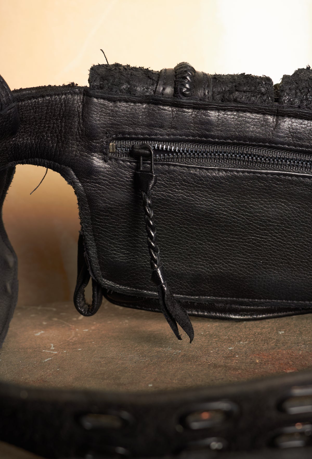 KMRII [1101-BG01 KB-SCORPION] GOAT & COW LEATHER STUDDED TASSLE & STITCHED WAIST BELT BAG