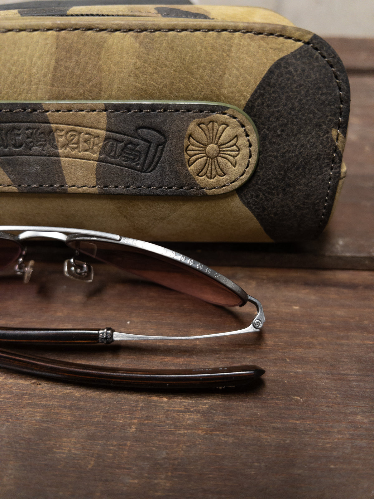 Chrome Hearts Wine Lens Aviator Sunglasses with Antique Silver and Wood Temples - Camo Carry Case