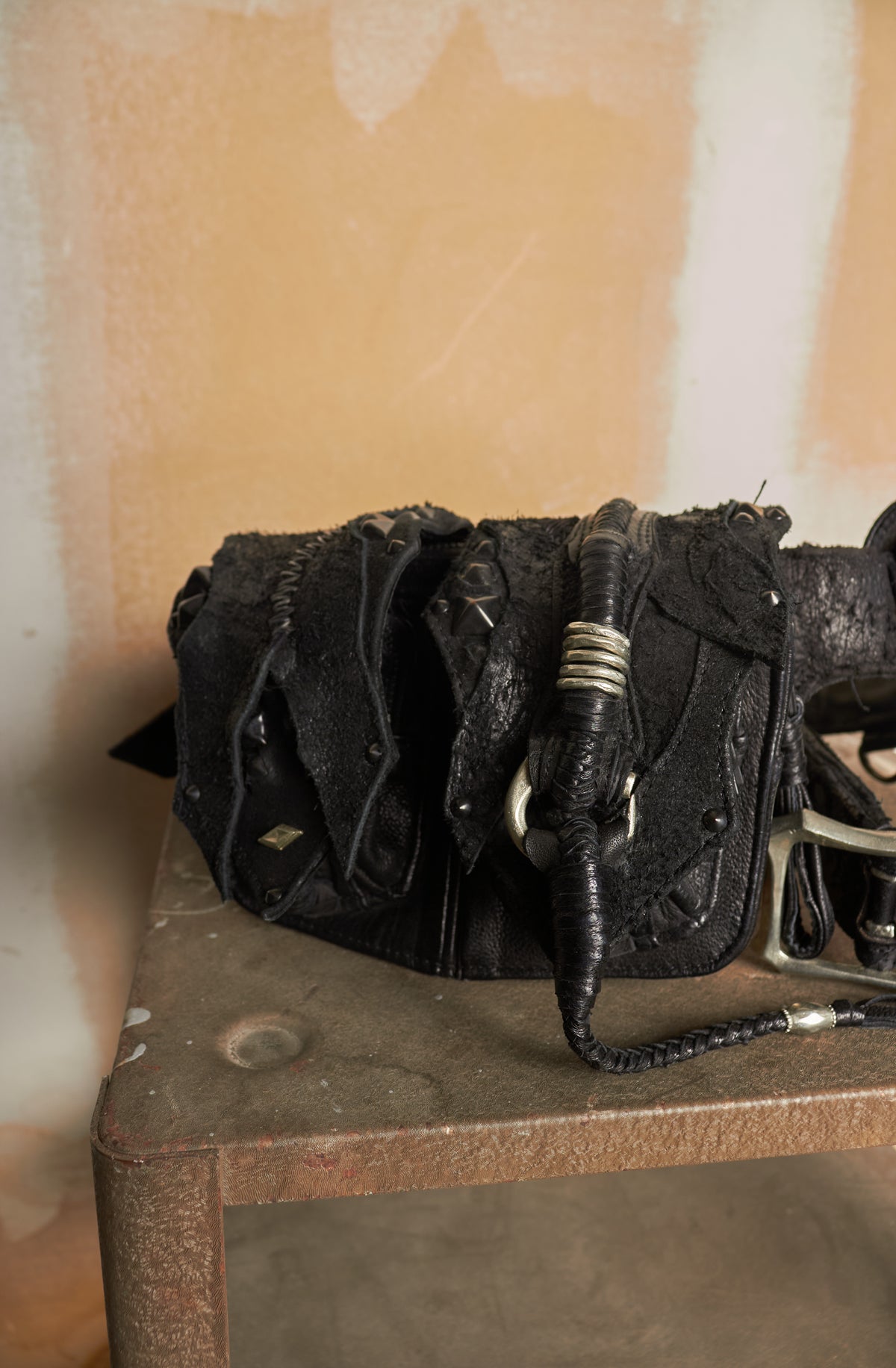 KMRII [1101-BG01 KB-SCORPION] GOAT & COW LEATHER STUDDED TASSLE & STITCHED WAIST BELT BAG