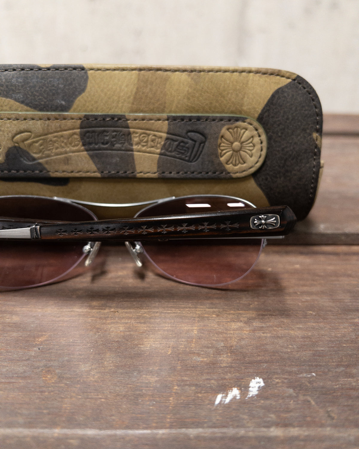 Chrome Hearts Wine Lens Aviator Sunglasses with Antique Silver and Wood Temples - Camo Carry Case