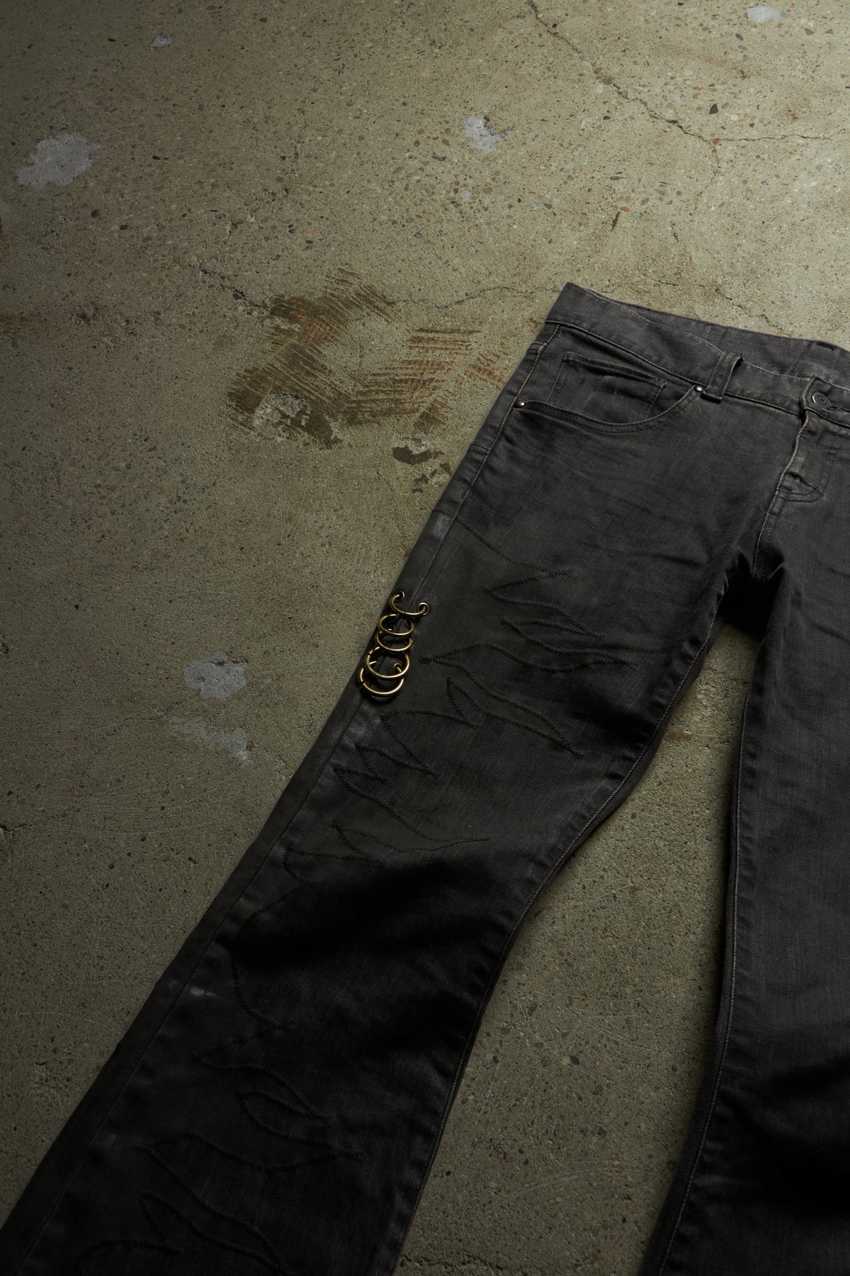 OPAQUE FATE X TORNADO MART PIERCED LEATHER PANEL FLARED DENIM
