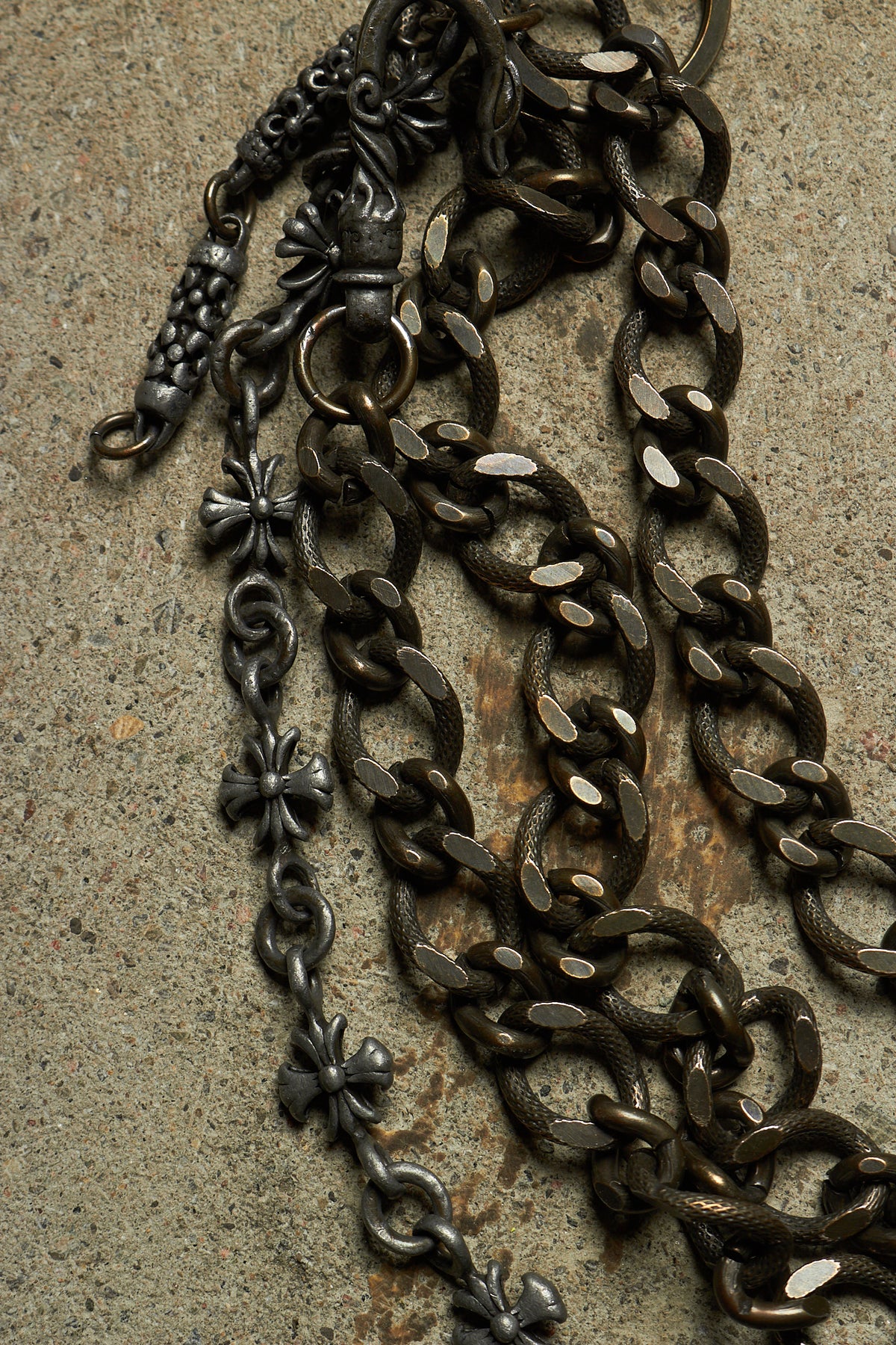 TRIPLE STACKED CROSS ENGRAVED BRONZE & SILVER PANT CHAIN