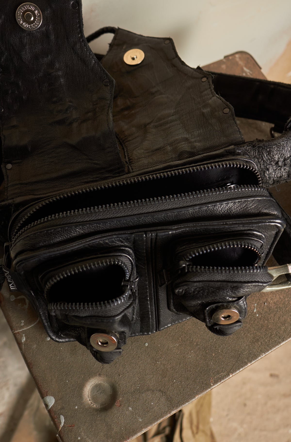 KMRII [1101-BG01 KB-SCORPION] GOAT & COW LEATHER STUDDED TASSLE & STITCHED WAIST BELT BAG