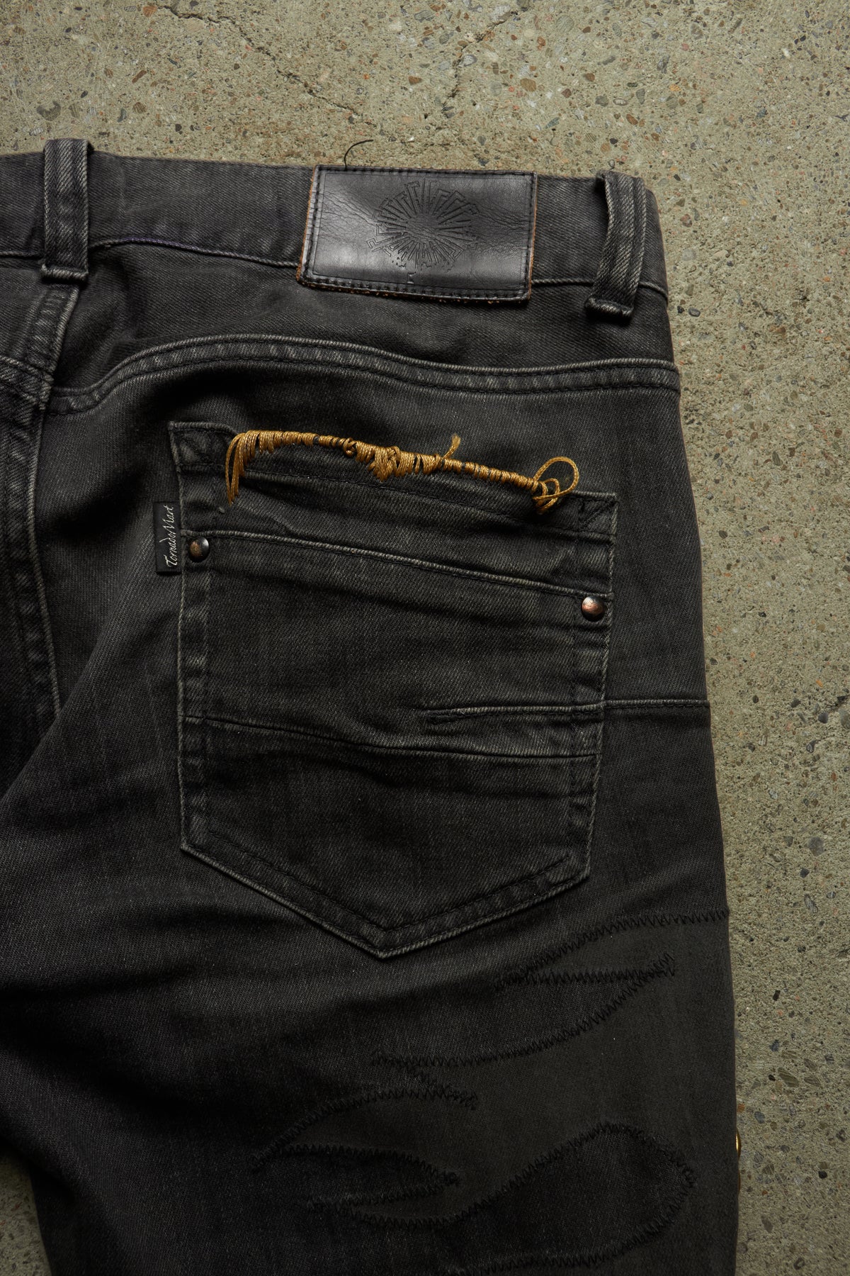 OPAQUE FATE X TORNADO MART PIERCED LEATHER PANEL FLARED DENIM