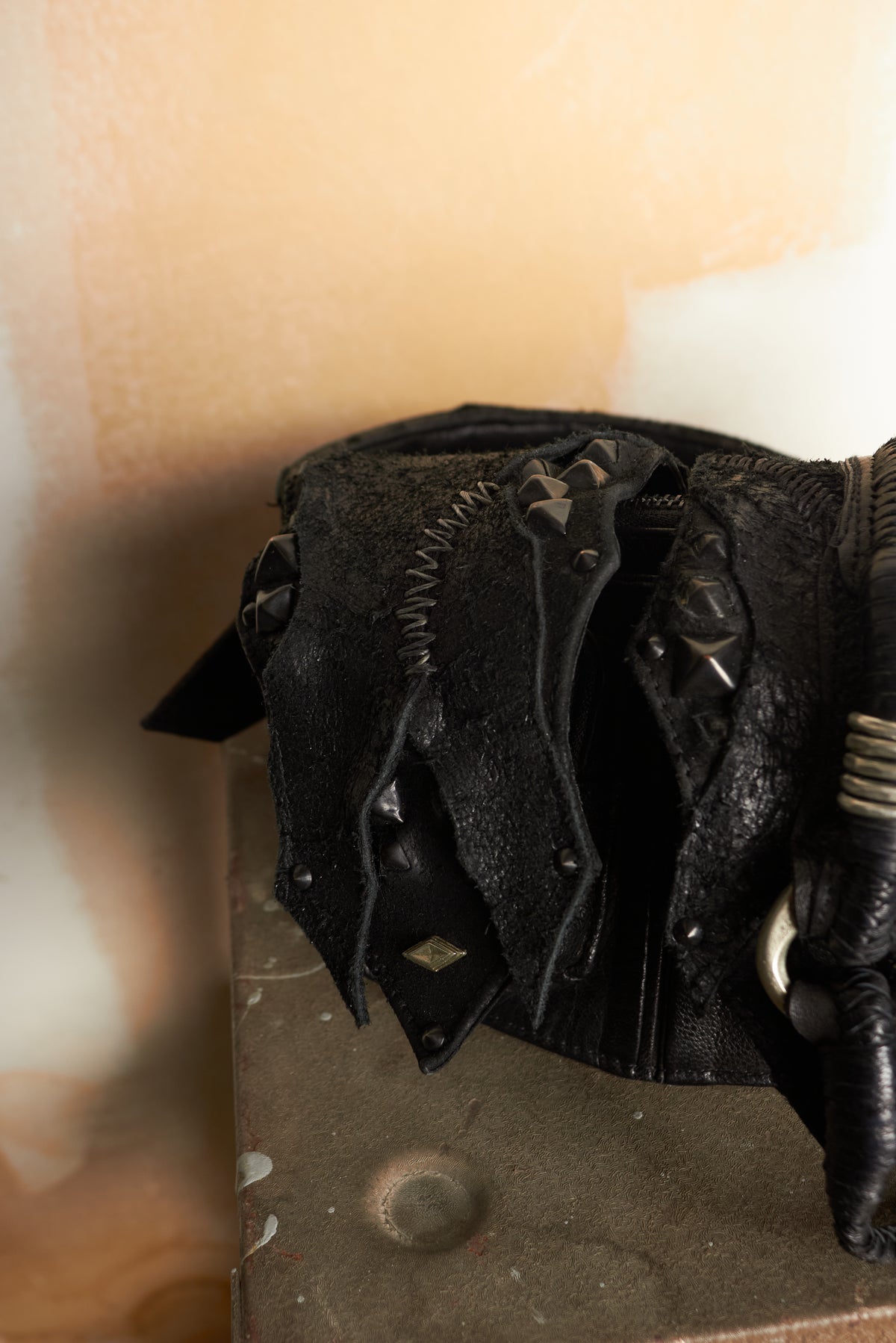 KMRII [1101-BG01 KB-SCORPION] GOAT & COW LEATHER STUDDED TASSLE & STITCHED WAIST BELT BAG