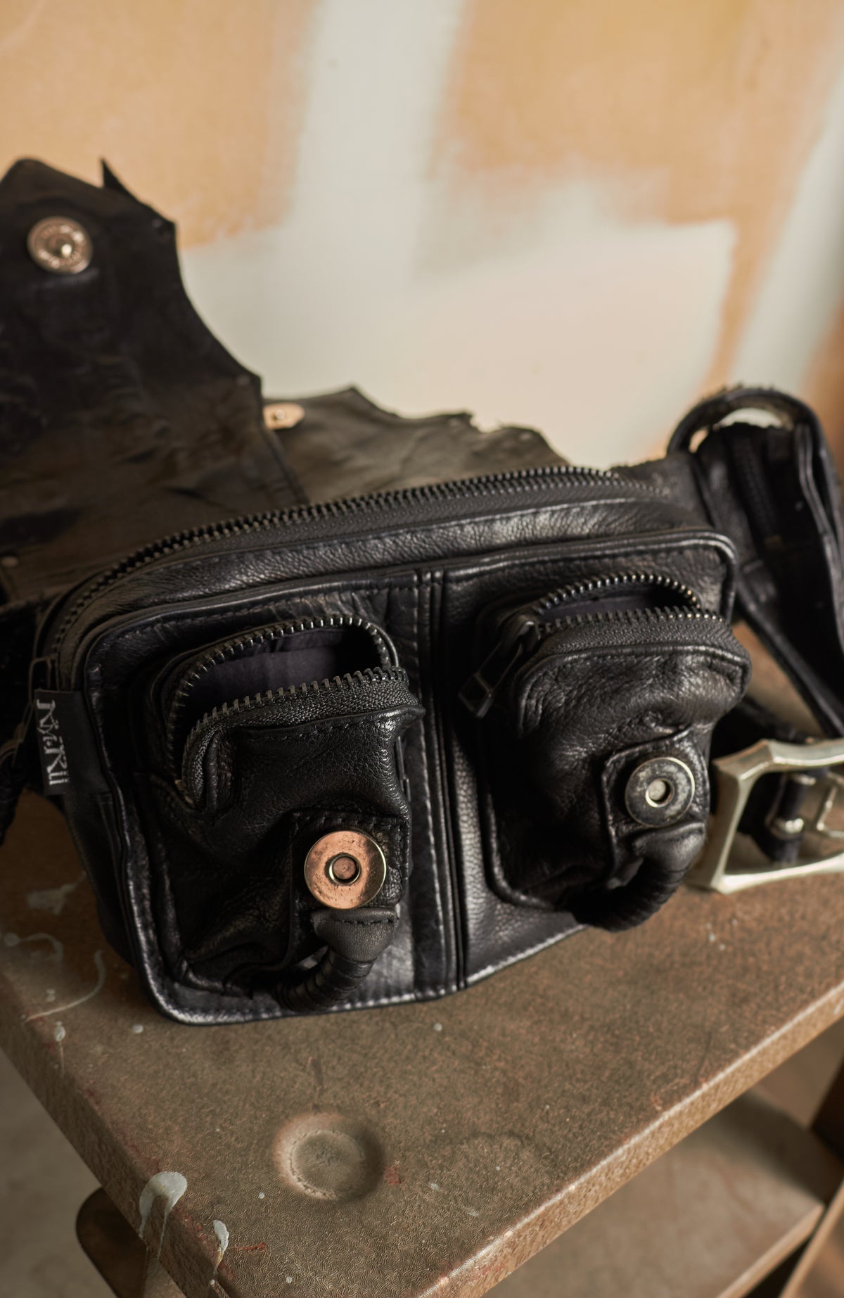 KMRII [1101-BG01 KB-SCORPION] GOAT & COW LEATHER STUDDED TASSLE & STITCHED WAIST BELT BAG