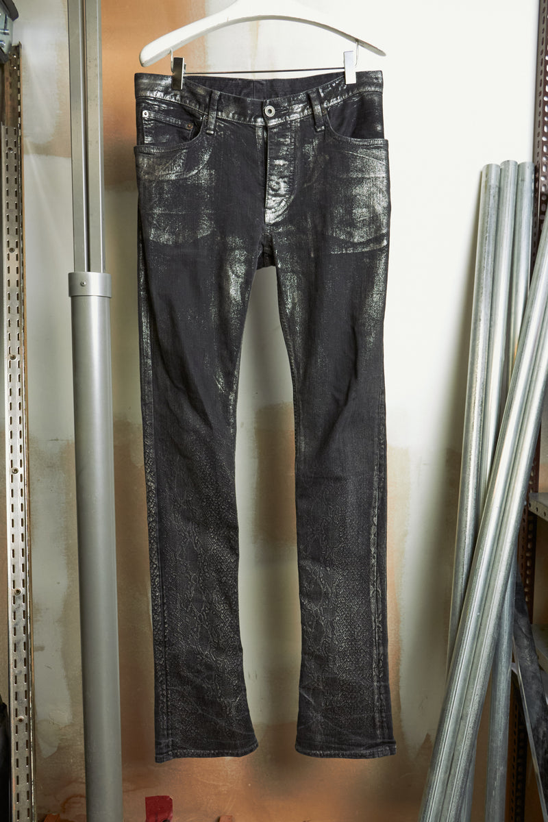 L.G.B. [S-WOLF] Metallic Waxed Python Print Slim Bootcut ‘Wolf’ Denim