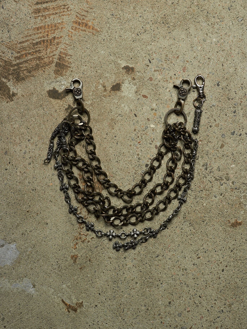 TRIPLE STACKED CROSS ENGRAVED BRONZE & SILVER PANT CHAIN