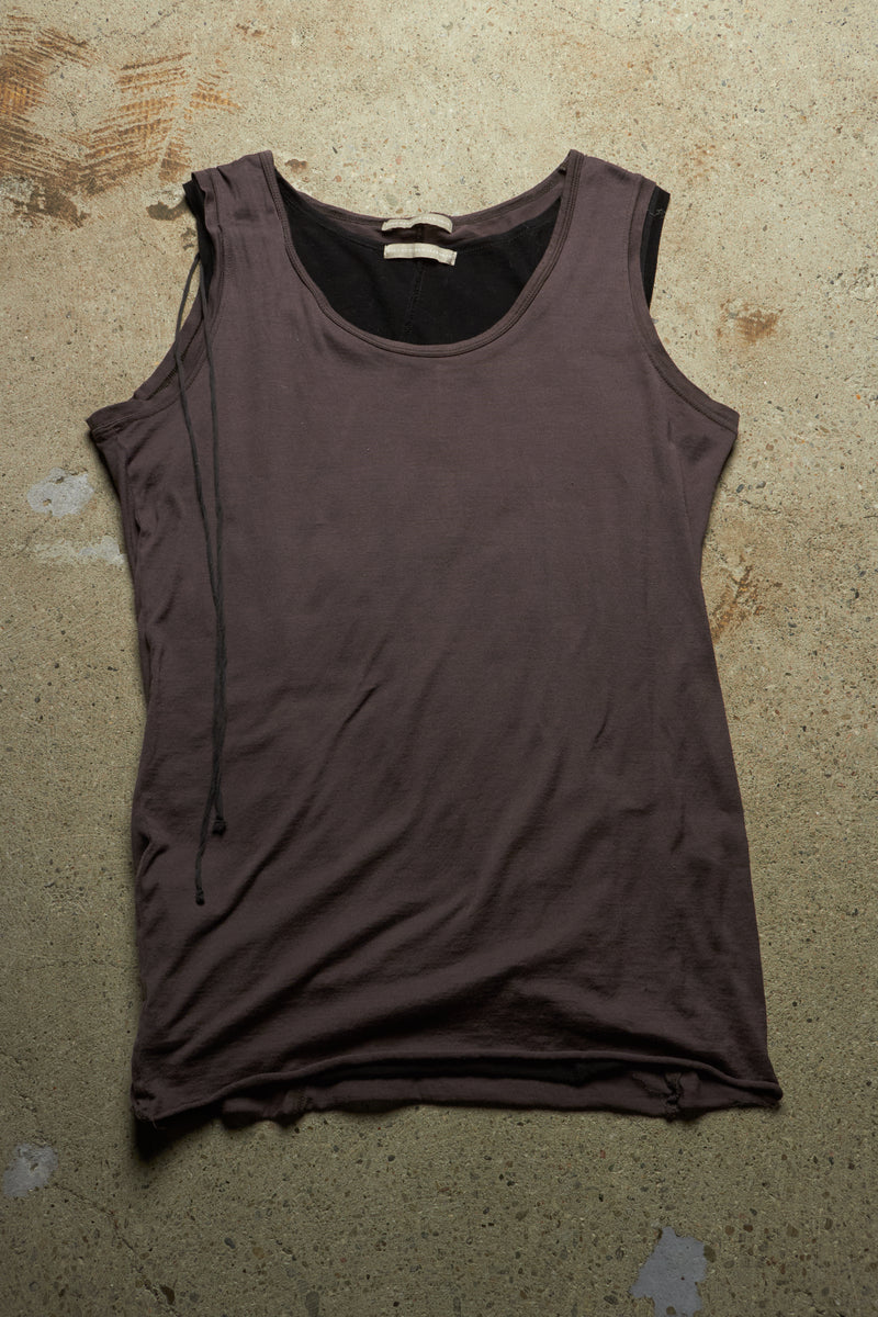 DIET BUTCHER SLIM SKIN DOUBLE LAYERED ASYMMETRICAL COTTON TANK TOP WITH TASSLE