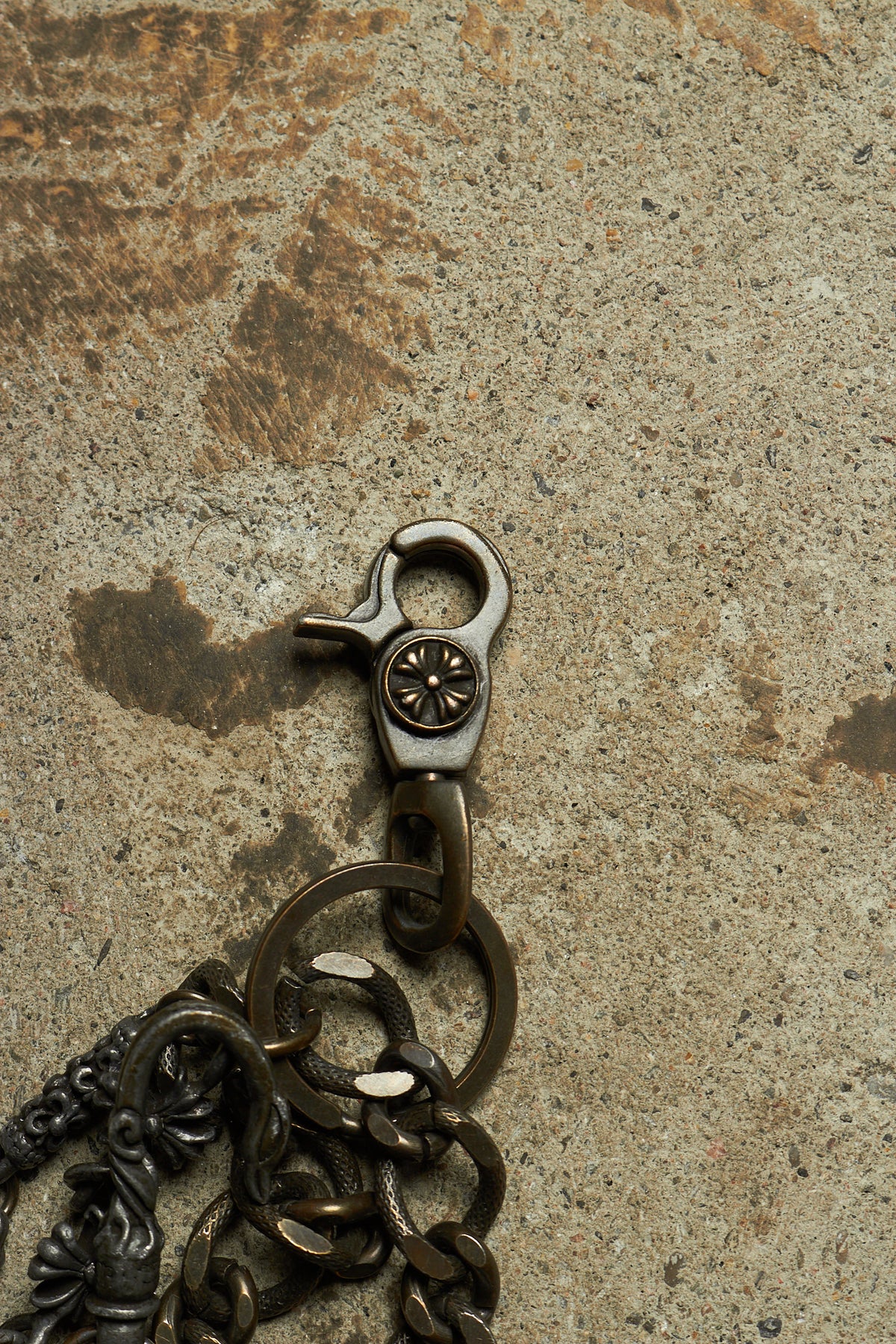 TRIPLE STACKED CROSS ENGRAVED BRONZE & SILVER PANT CHAIN