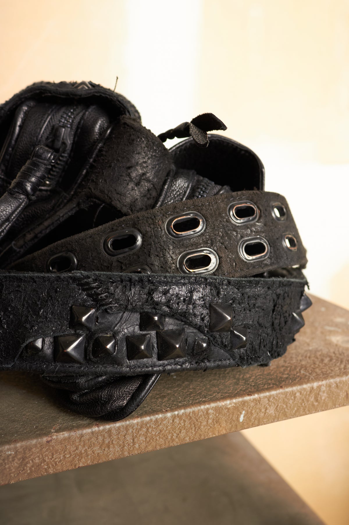 KMRII [1101-BG01 KB-SCORPION] GOAT & COW LEATHER STUDDED TASSLE & STITCHED WAIST BELT BAG