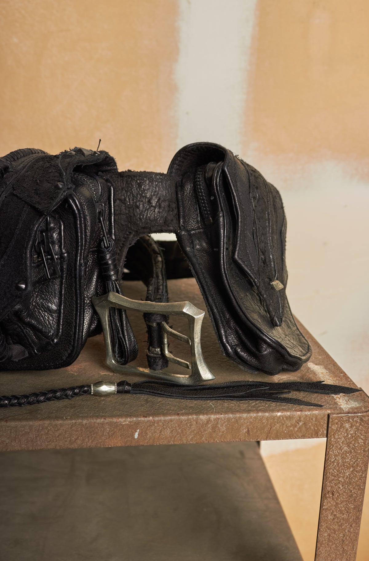 KMRII [1101-BG01 KB-SCORPION] GOAT & COW LEATHER STUDDED TASSLE & STITCHED WAIST BELT BAG
