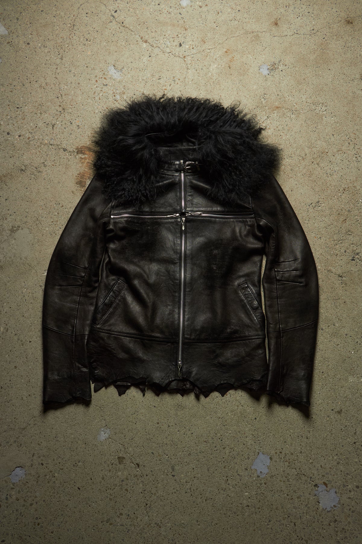 14TH ADDICTION CROSS ZIP MUTTON FUR & SHEEP SKIN DISTRESSED JACKET