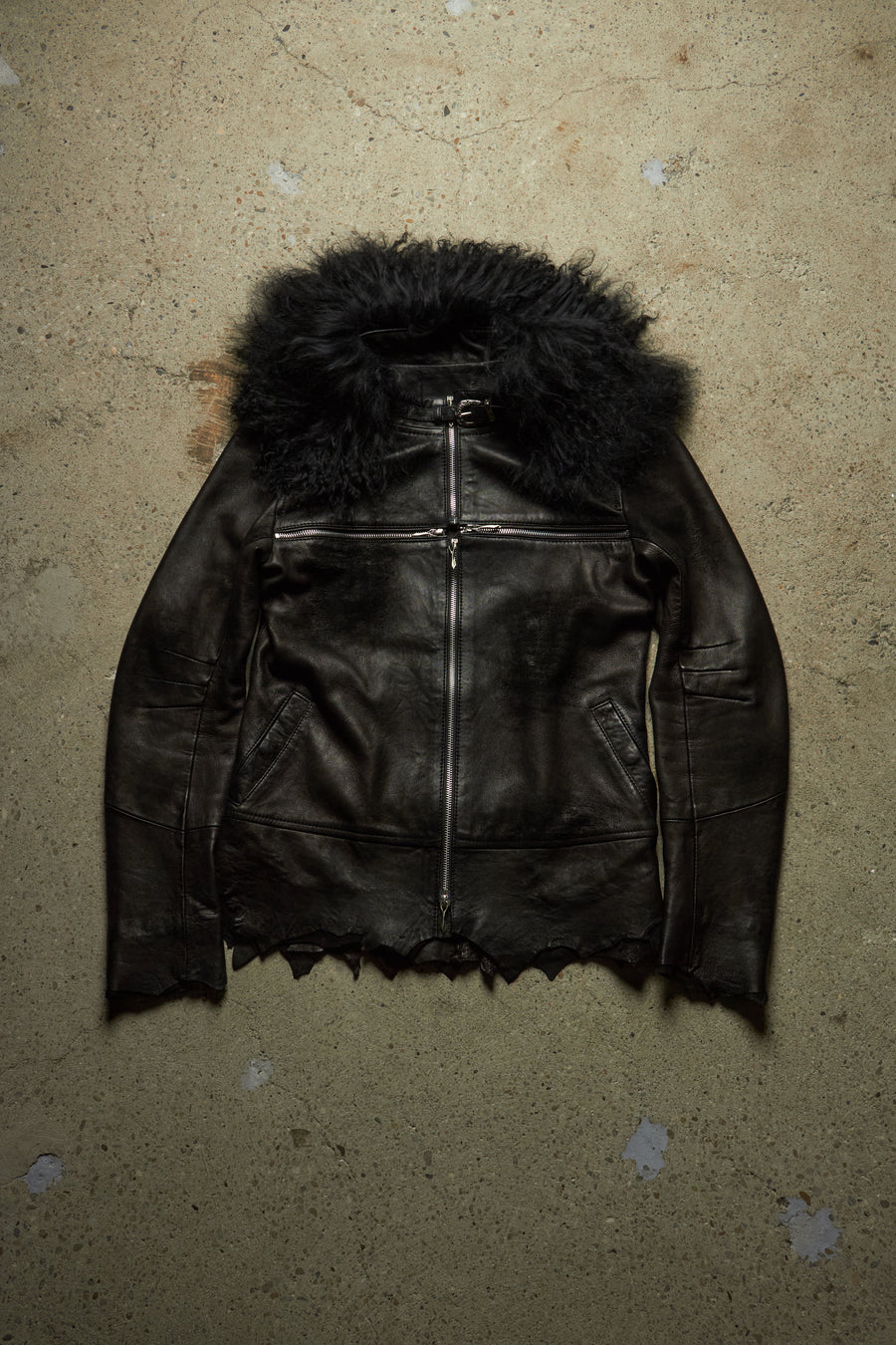 14TH ADDICTION CROSS ZIP MUTTON FUR & SHEEP SKIN DISTRESSED JACKET