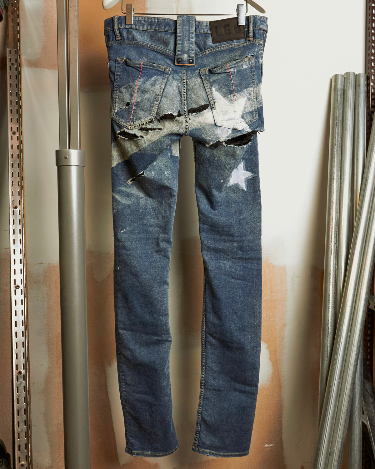 L.G.B. [ST103-B2D] Distressed Star Print Blue Denim
