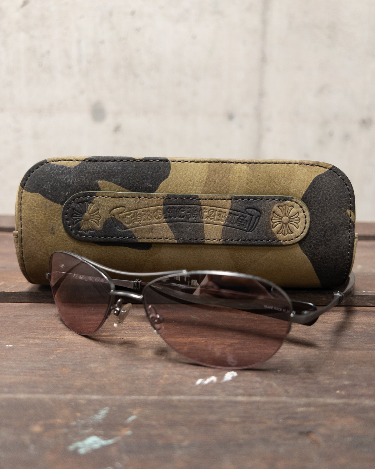 Chrome Hearts Wine Lens Aviator Sunglasses with Antique Silver and Wood Temples - Camo Carry Case