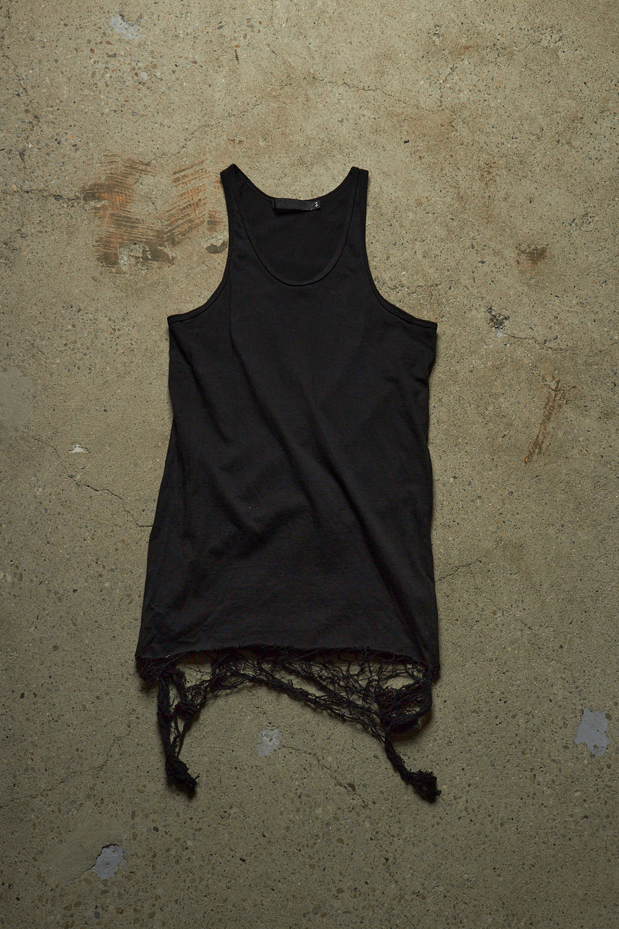 FUGA DISTRESSED FRAYED WEBBING CHARCOAL TANK TOP