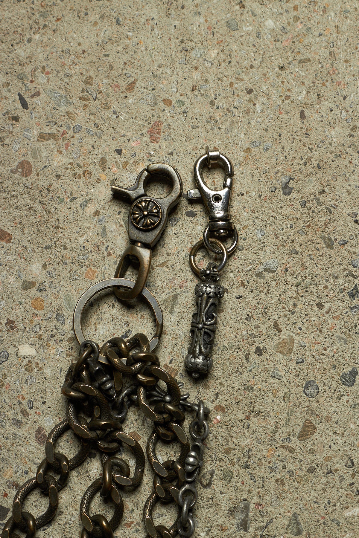 TRIPLE STACKED CROSS ENGRAVED BRONZE & SILVER PANT CHAIN