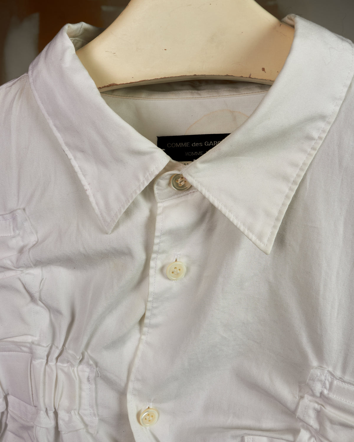 COMME DES GARÇONS HOMME PLUS RUCHED ASYMMETRICAL WHITE DRESS SHIRT