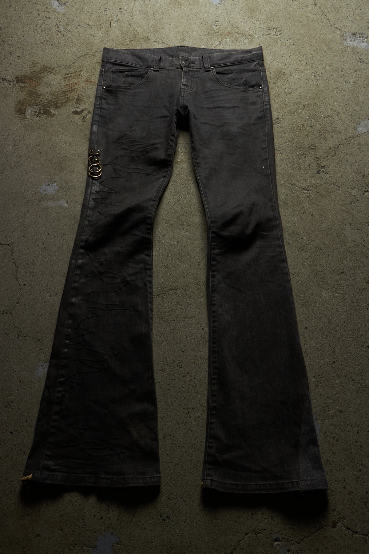 OPAQUE FATE X TORNADO MART PIERCED LEATHER PANEL FLARED DENIM