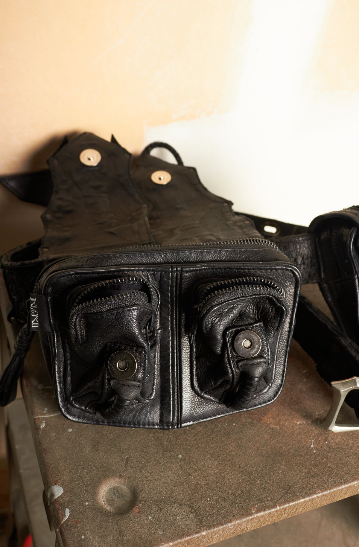 KMRII [1101-BG01 KB-SCORPION] GOAT & COW LEATHER STUDDED TASSLE & STITCHED WAIST BELT BAG