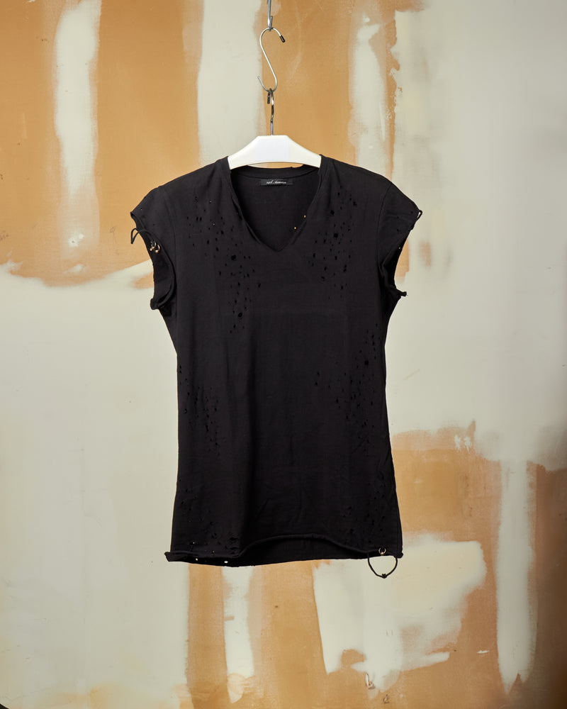 14TH ADDICTION DISTRESSED & PIERCED BLACK TEE