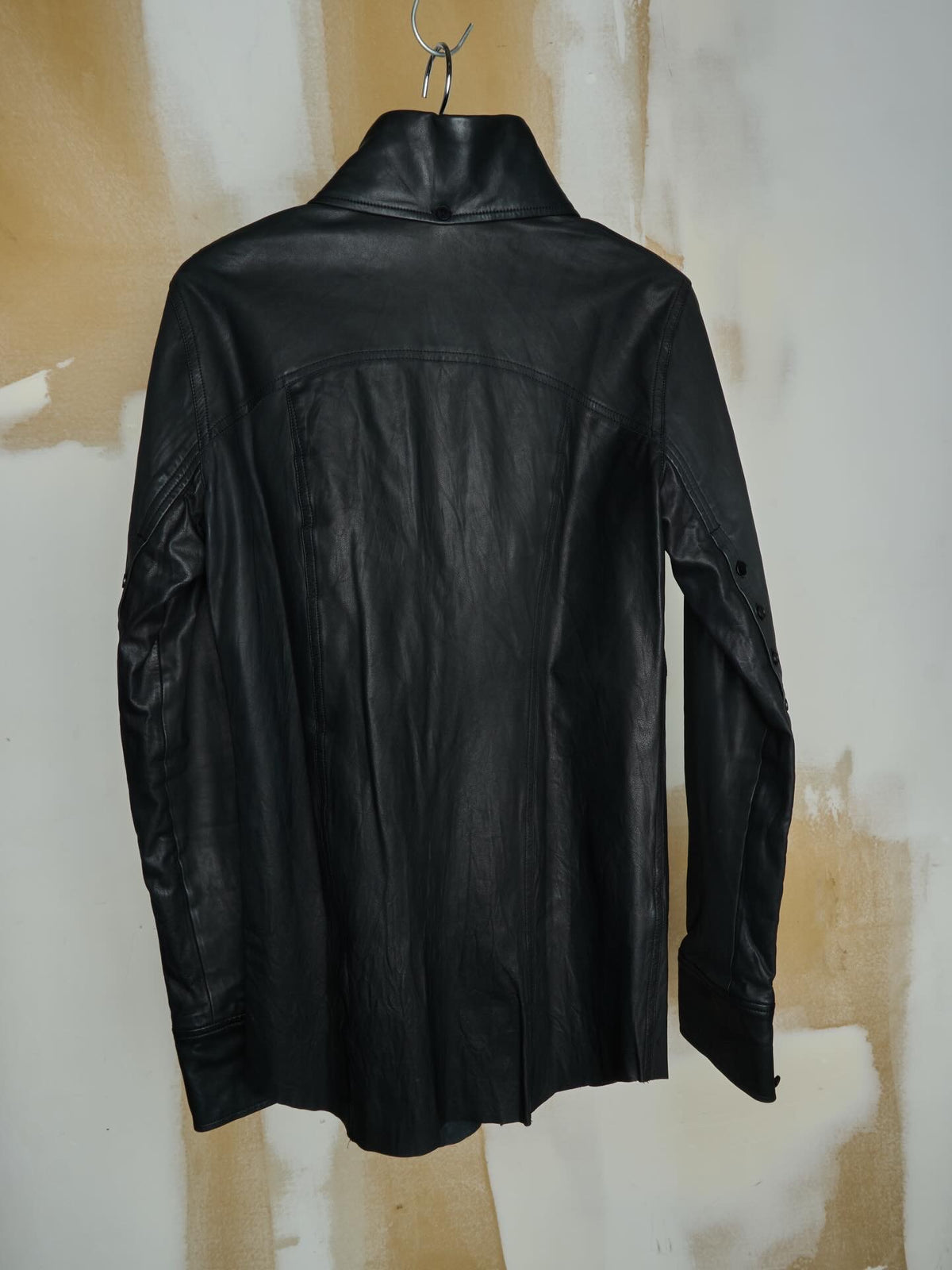 L.G.B. [SHIRT-G/M] DOUBLE LAYERED REMOVABLE COLLAR CALF LEATHER BUTTON JACKET