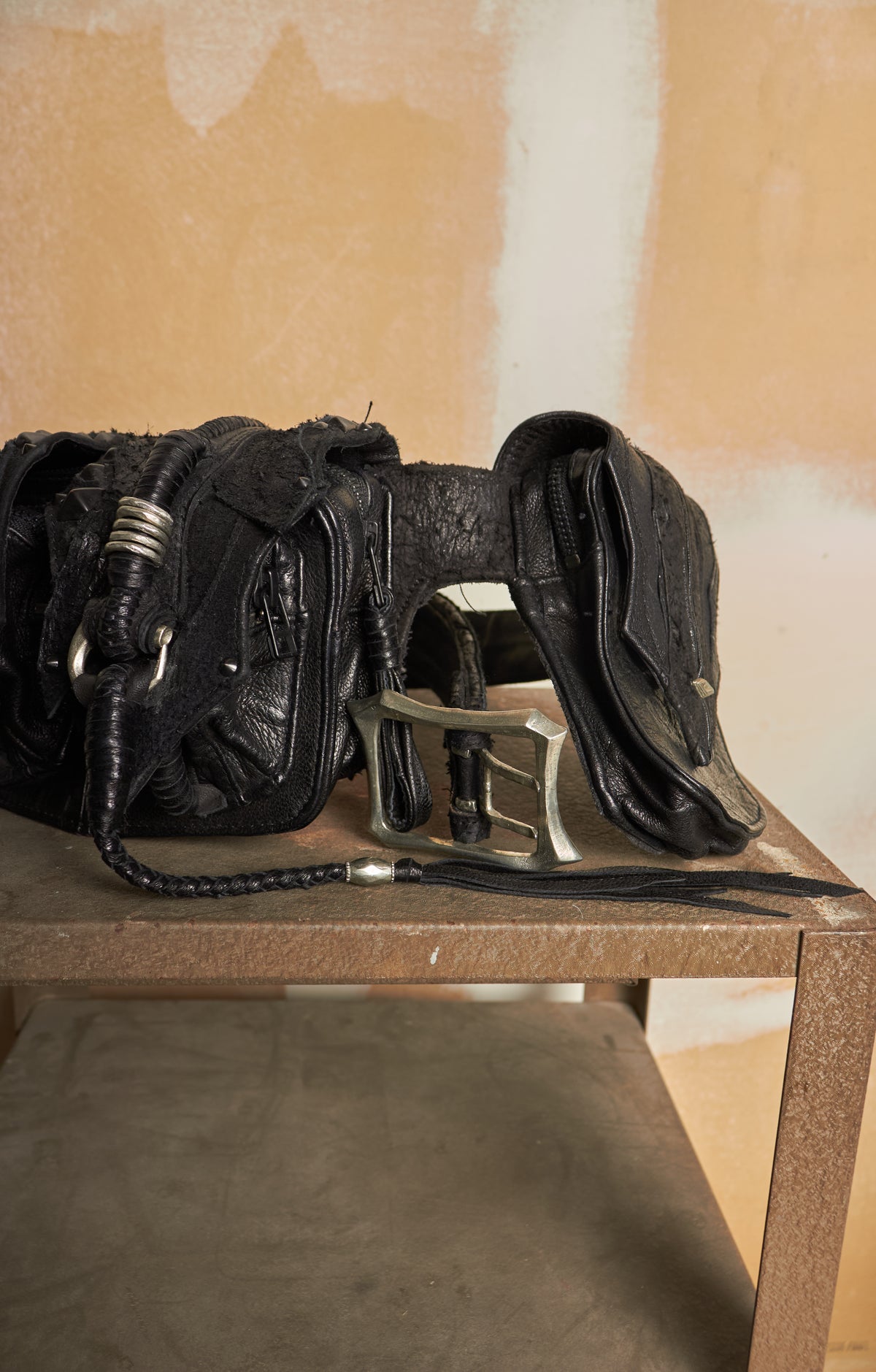 KMRII [1101-BG01 KB-SCORPION] GOAT & COW LEATHER STUDDED TASSLE & STITCHED WAIST BELT BAG