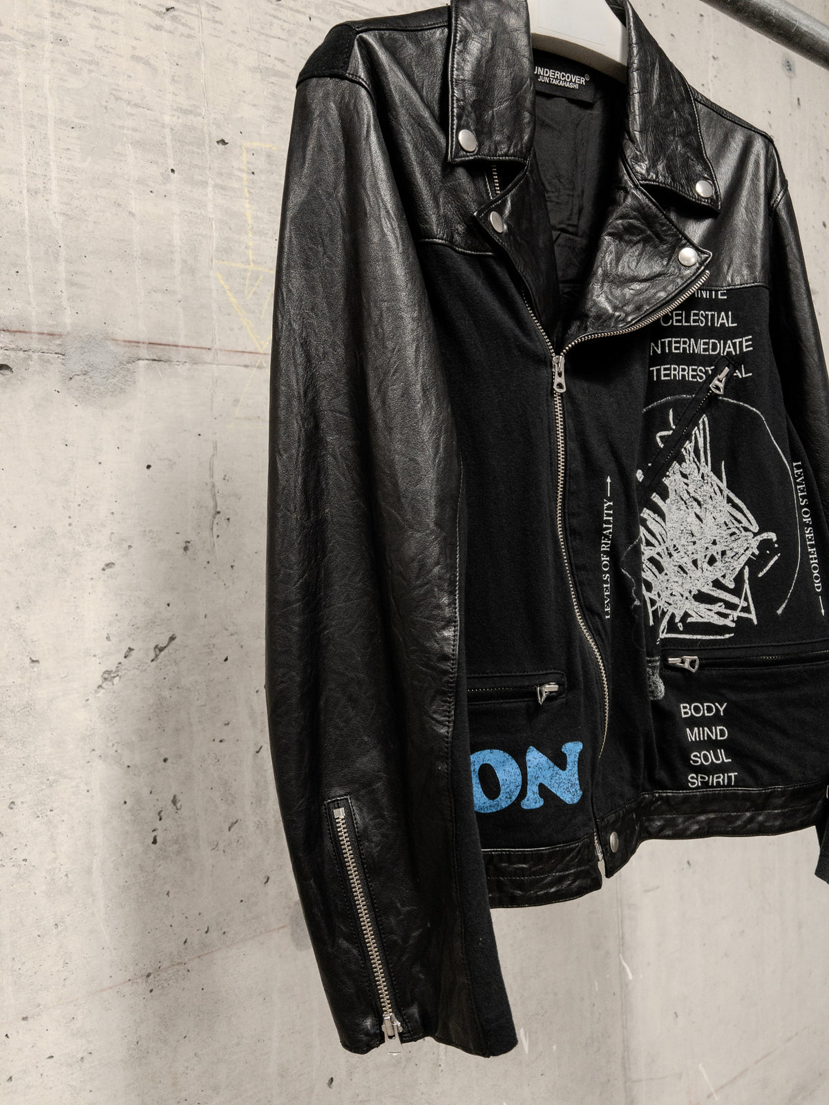 UNDERCOVER Spring Summer 2022 [Once in a Lifetime] Graphic Biker Hybrid Cow Leather Jacket