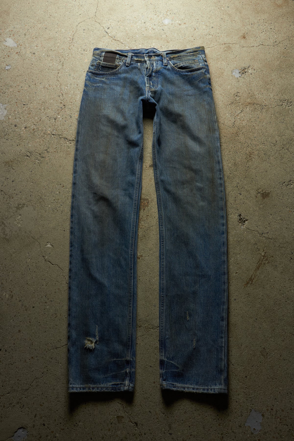 RICK OWENS 2001 [SLAB] MUDWASH AND OILWASH STRAIGHT CUT DISTRESSED DENIM