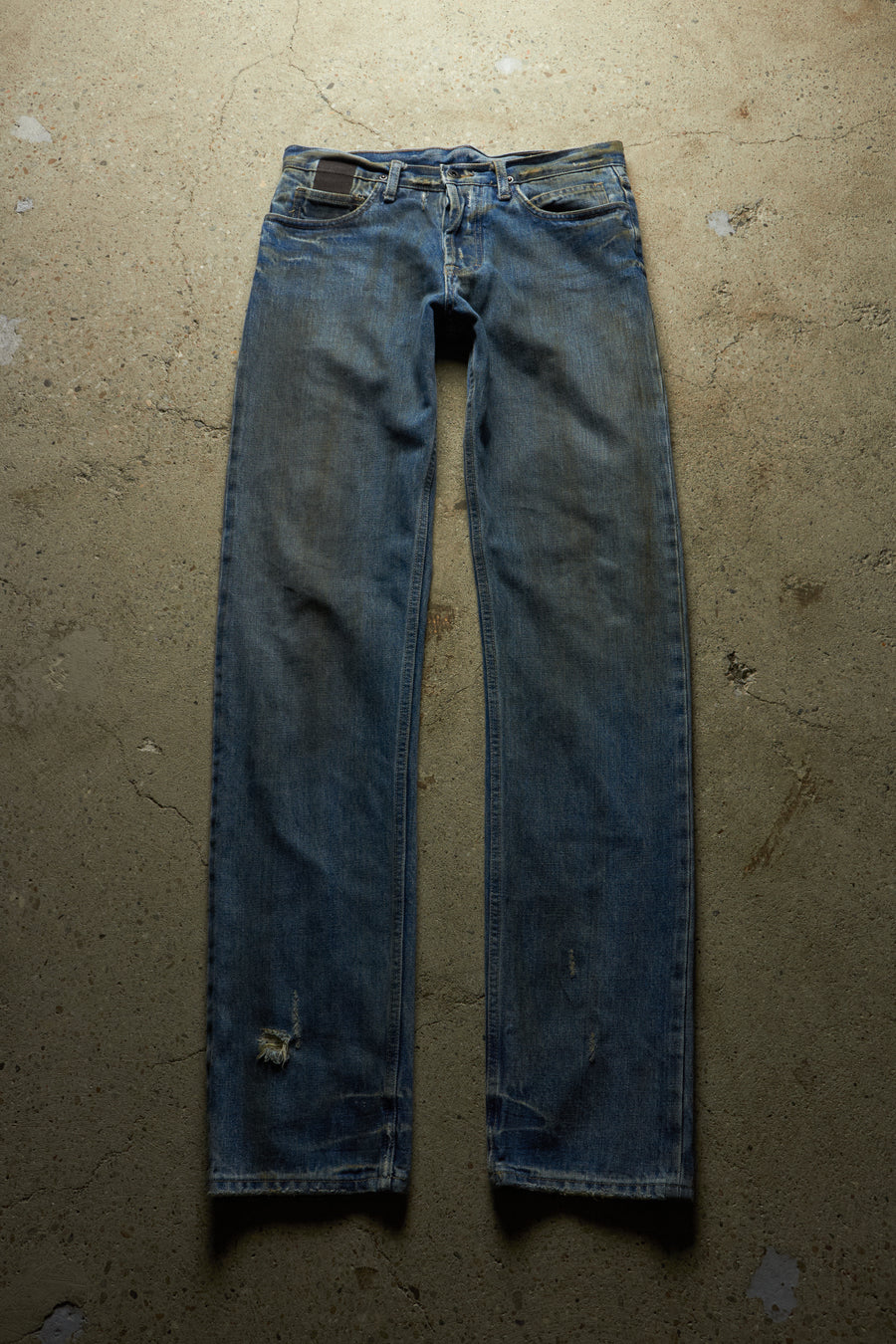 RICK OWENS 2001 [SLAB] MUDWASH AND OILWASH STRAIGHT CUT DISTRESSED DENIM